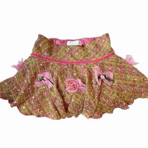 Biscotti Collection Girls Pink & Green Tweed Skirt With Bows And Sequins Size 5